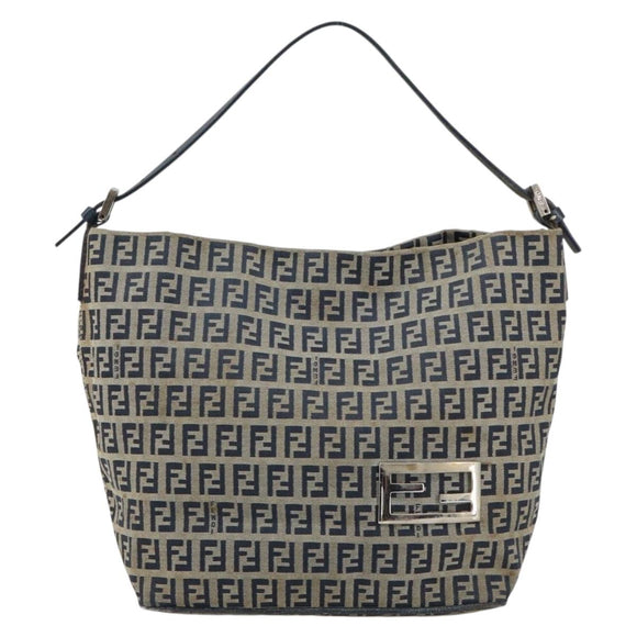 FENDI Zucchino Canvas Hand Bag Navy Silver Auth 160707