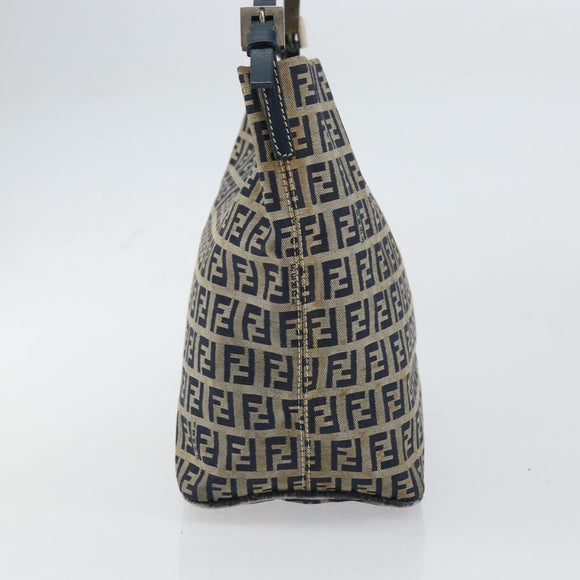 FENDI Zucchino Canvas Hand Bag Navy Silver Auth 160707