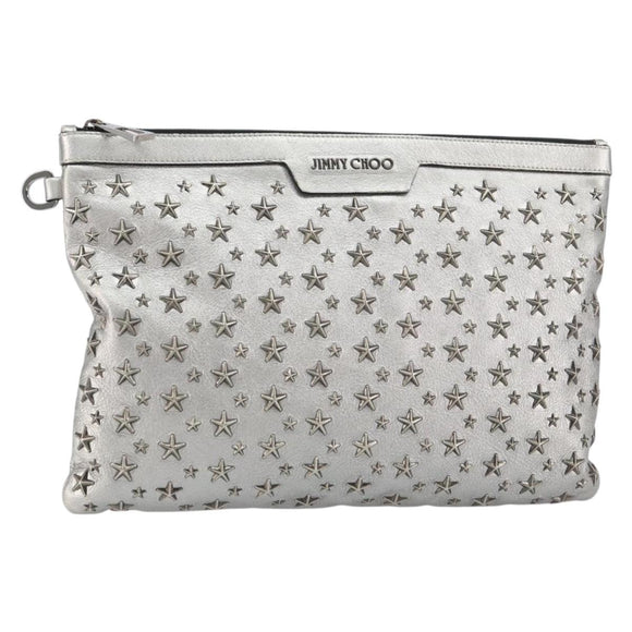 Jimmy Choo Studs Clutch Bag Leather Silver Auth 160738