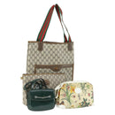 GUCCI GG Supreme GG Plus Web Sherry Line Bag PVC 4 Set Beige Green Auth 160748-1