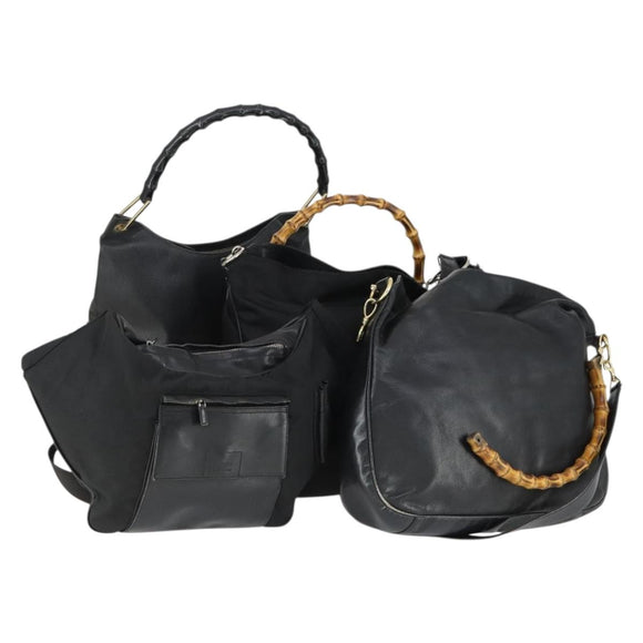 GUCCI Bamboo Shoulder Bag Leather Canvas 4 Set Black Auth 160749