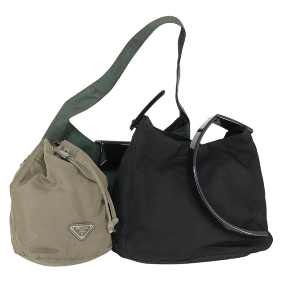 PRADA Bag Nylon 3 Set Black Khaki Auth 160751