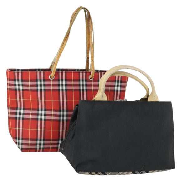 BURBERRY Nova Check Blue Label Hand Bag Nylon 2 Set Black Red Auth 160759