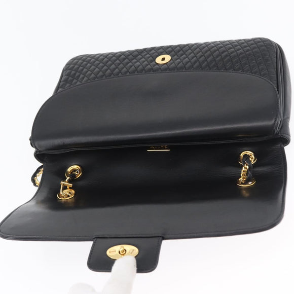 BALLY Quilted Chain Shoulder Bag Leather Black Gold Auth 160783