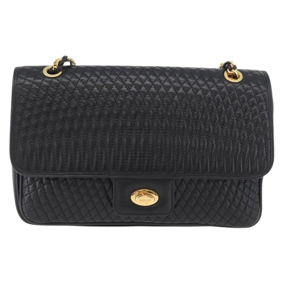 BALLY Quilted Chain Shoulder Bag Leather Black Gold Auth 160783