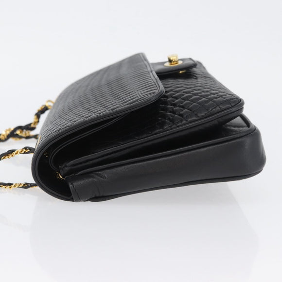 BALLY Quilted Chain Shoulder Bag Leather Black Gold Auth 160783