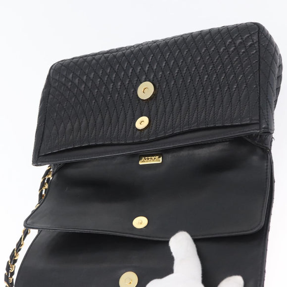 BALLY Quilted Chain Shoulder Bag Leather Black Gold Auth 160785