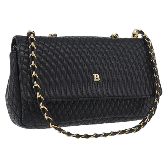 BALLY Quilted Chain Shoulder Bag Leather Black Gold Auth 160785