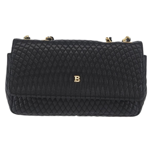 BALLY Quilted Chain Shoulder Bag Leather Black Gold Auth 160785