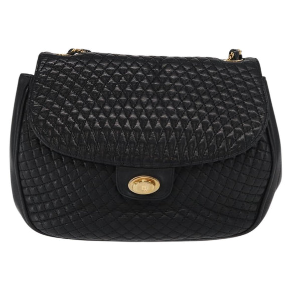 BALLY Chain Shoulder Bag Leather Black Gold Auth 160803