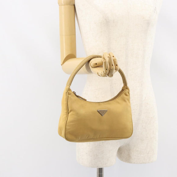 PRADA Hand Bag Nylon Beige Silver Auth 160804
