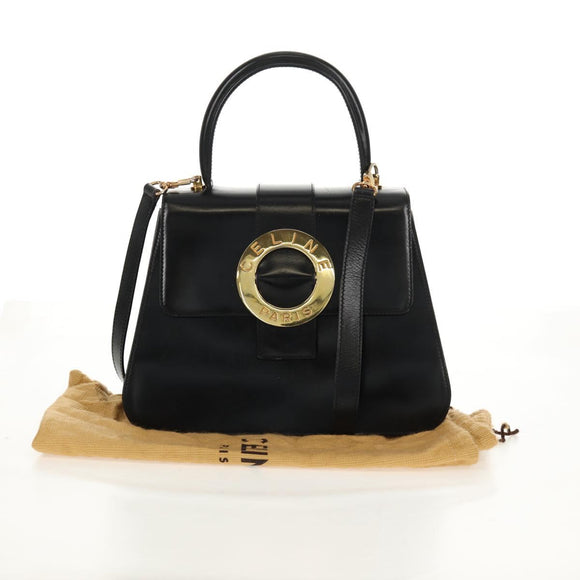 CELINE Circle Hand Bag Leather 2way Black Gold Auth 160805V