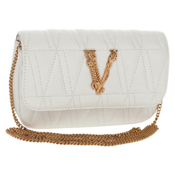 VERSACE Chain Shoulder Bag Leather White Gold Auth 160815M