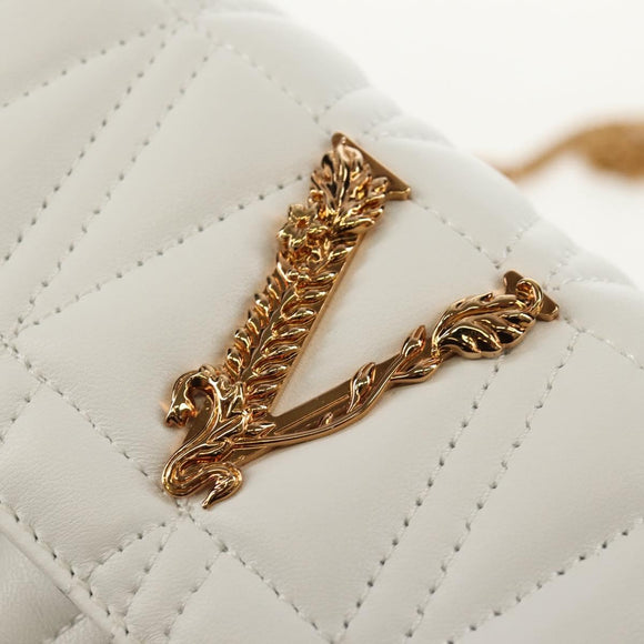 VERSACE Chain Shoulder Bag Leather White Gold Auth 160815M