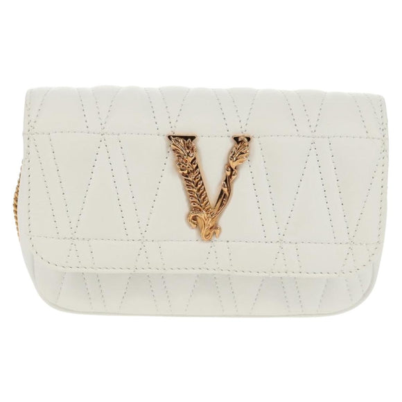 VERSACE Chain Shoulder Bag Leather White Gold Auth 160815M