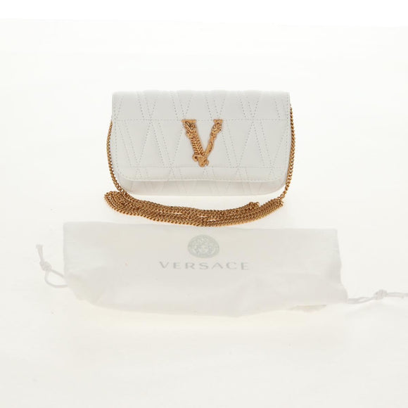 VERSACE Chain Shoulder Bag Leather White Gold Auth 160815M