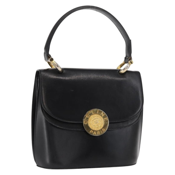 CELINE Medallion Hand Bag Leather Black Gold Auth 160819