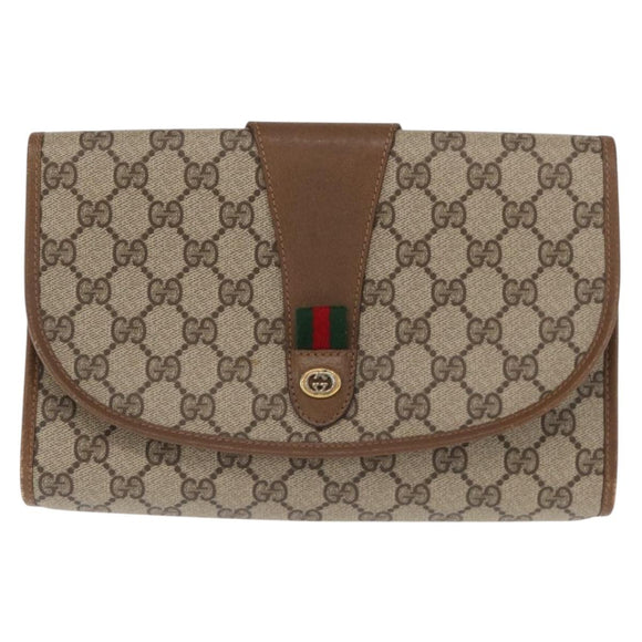 GUCCI GG Supreme Web Sherry Line Clutch Bag PVC Beige Gold 89 01 030 Auth 160821