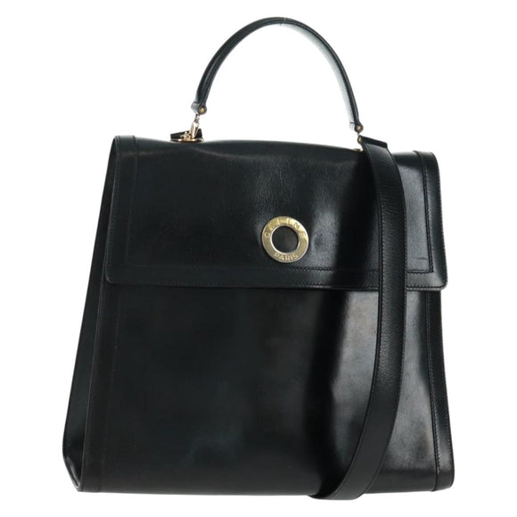 CELINE Circle Hand Bag Leather 2way Black Gold Auth 160826