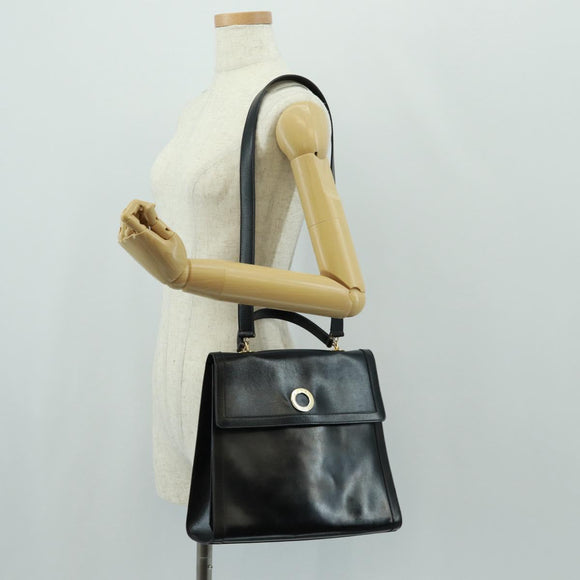 CELINE Circle Hand Bag Leather 2way Black Gold Auth 160826
