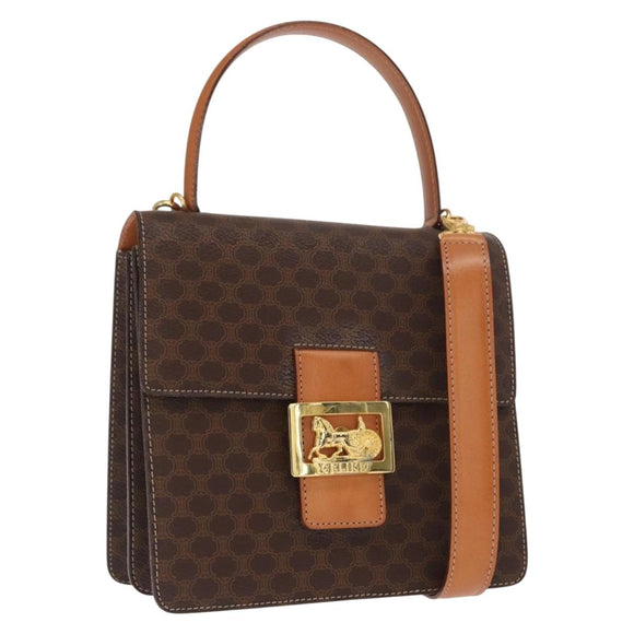 CELINE Macadam Canvas Horse Carriage Bag PVC Leather 2way Brown Gold Auth 160833