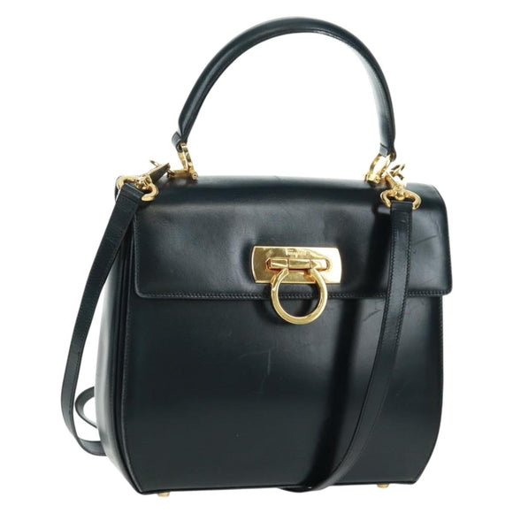 Salvatore Ferragamo Gancini Hand Bag Leather 2way Black Gold Auth 160846