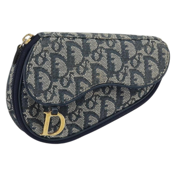 Christian Dior Trotter Canvas Saddle Pouch Navy Gold Auth 160847