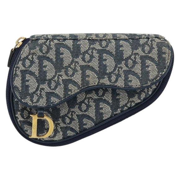 Christian Dior Trotter Canvas Saddle Pouch Navy Gold Auth 160847