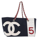 CHANEL Chain Tote Bag No5 Canvas Navy Silver CC Auth 160849-1