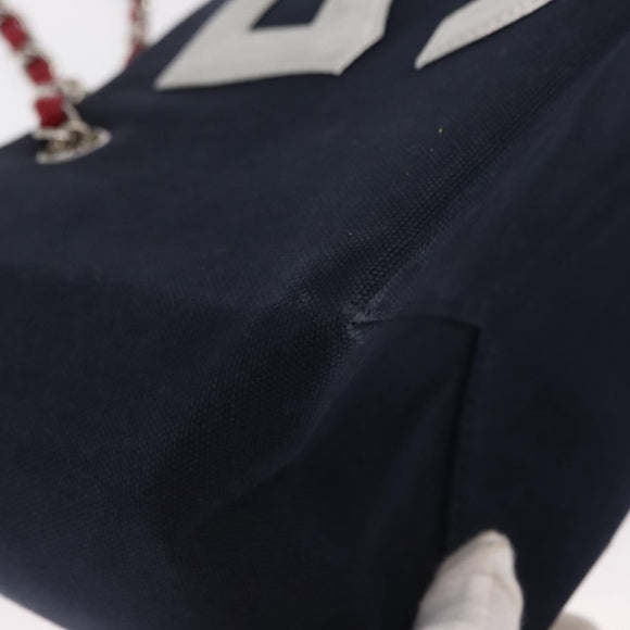 CHANEL Chain Tote Bag No5 Canvas Navy Silver CC Auth 160849