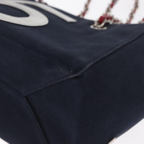 CHANEL Chain Tote Bag No5 Canvas Navy Silver CC Auth 160849