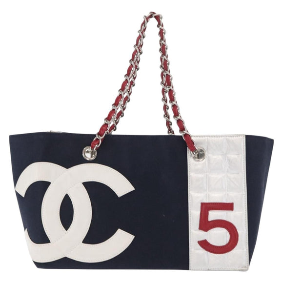 CHANEL Chain Tote Bag No5 Canvas Navy Silver CC Auth 160849