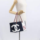CHANEL Chain Tote Bag No5 Canvas Navy Silver CC Auth 160849-22