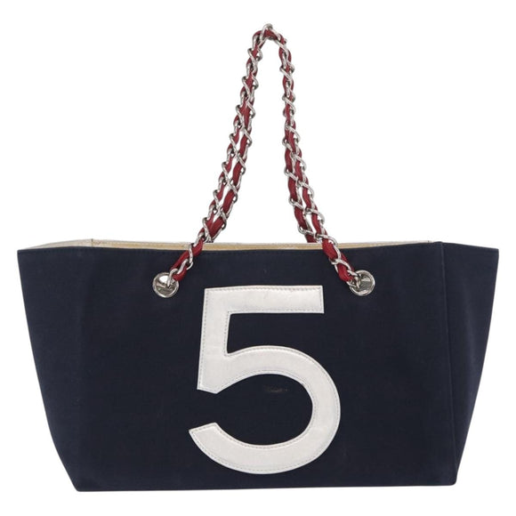 CHANEL Chain Tote Bag No5 Canvas Navy Silver CC Auth 160849