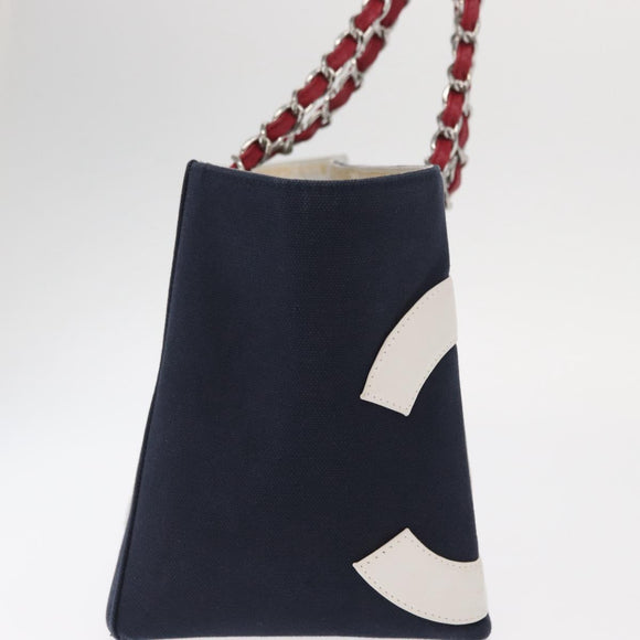 CHANEL Chain Tote Bag No5 Canvas Navy Silver CC Auth 160849