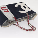 CHANEL Chain Tote Bag No5 Canvas Navy Silver CC Auth 160849-6