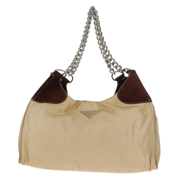 PRADA Chain Shoulder Bag Nylon Beige Silver Auth 160872