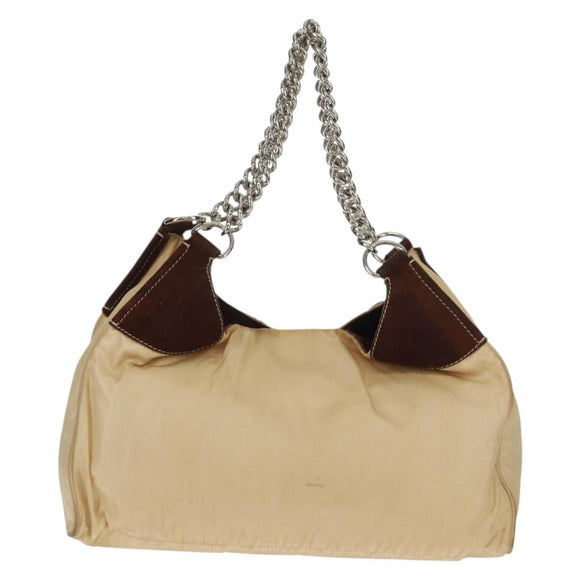 PRADA Schoudertas met Ketting Nylon Beige Zilver Auth 160872