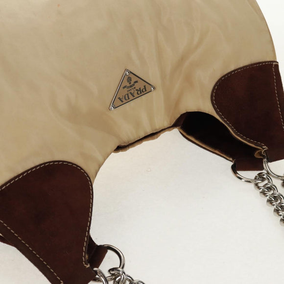 PRADA Chain Shoulder Bag Nylon Beige Silver Auth 160872