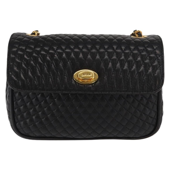 BALLY Chain Shoulder Bag Leather Black Gold Auth 160874