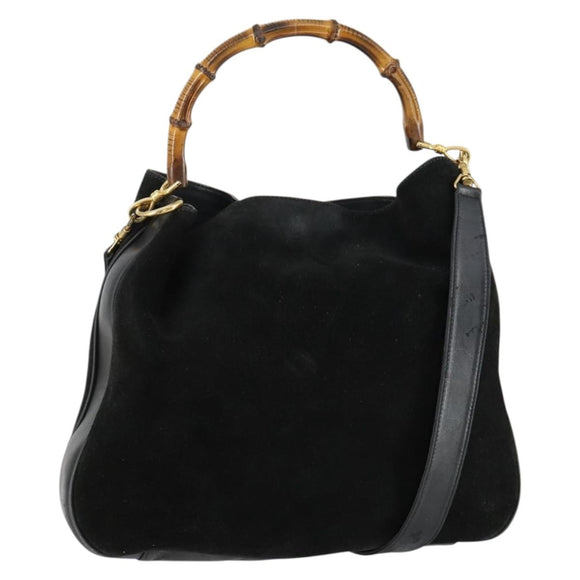 GUCCI Bamboo Shoulder Bag Suede 2way Black Gold 001 2404 1577 Auth 160875