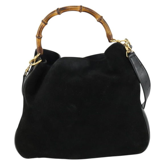 GUCCI Bamboo Shoulder Bag Suede 2way Black Gold 001 2404 1577 Auth 160875
