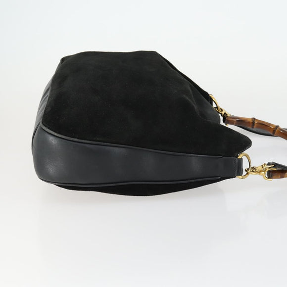 GUCCI Bamboo Shoulder Bag Suede 2way Black Gold 001 2404 1577 Auth 160875