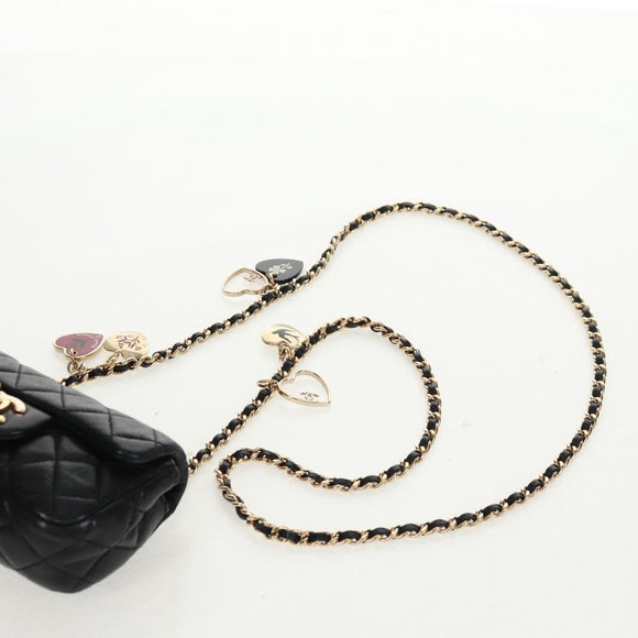 CHANEL Mini Matelasse 14 Chain Bag Lamb Skin Black Gold CC Auth 160892SAM