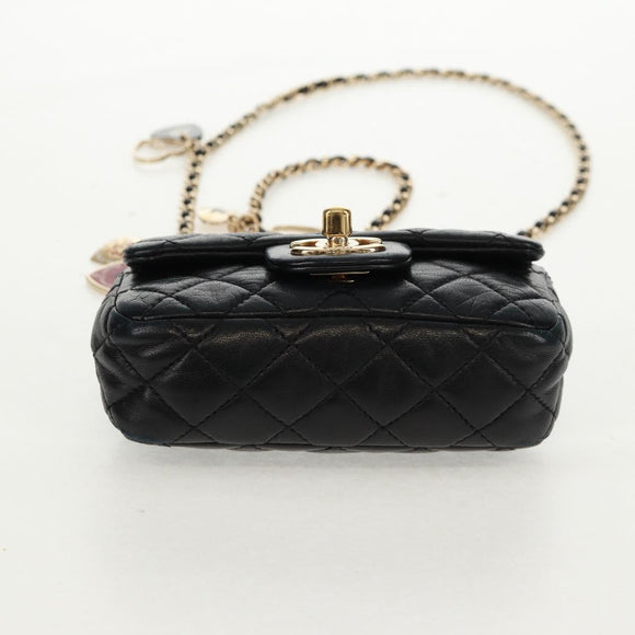 CHANEL Mini Matelasse 14 Chain Bag Lamb Skin Black Gold CC Auth 160892SAM