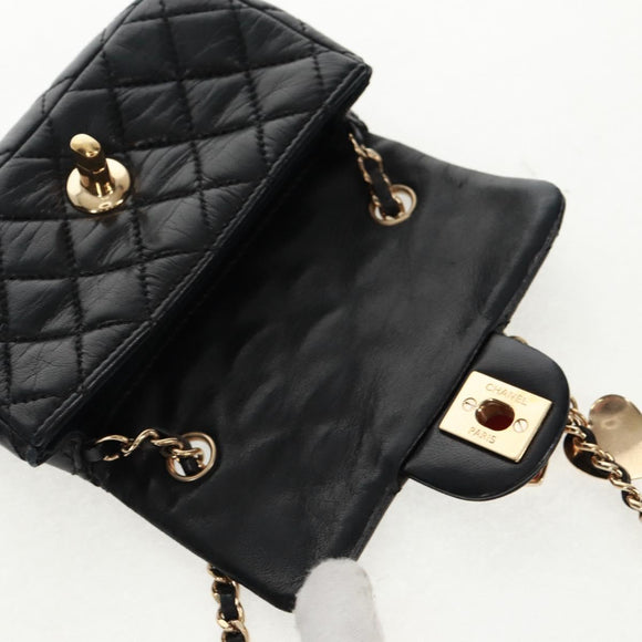 CHANEL Mini Matelasse 14 Chain Bag Lamb Skin Black Gold CC Auth 160892SAM