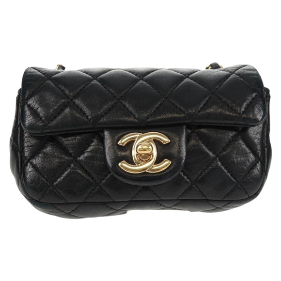 CHANEL Mini Matelasse 14 Chain Bag Lamb Skin Black Gold CC Auth 160892SAM