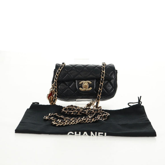 CHANEL Mini Matelasse 14 Chain Bag Lamb Skin Black Gold CC Auth 160892SAM