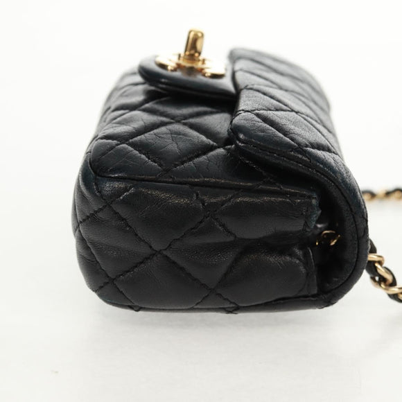 CHANEL Mini Matelasse 14 Chain Bag Lamb Skin Black Gold CC Auth 160892SAM
