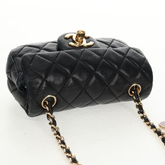 CHANEL Mini Matelasse 14 Chain Bag Lamb Skin Black Gold CC Auth 160892SAM